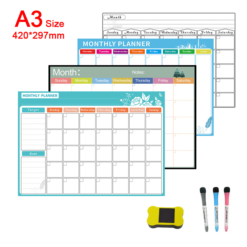 Magnetic Whiteboard Calendar - A3 Khô Tẩy Xóa Từ Hàng